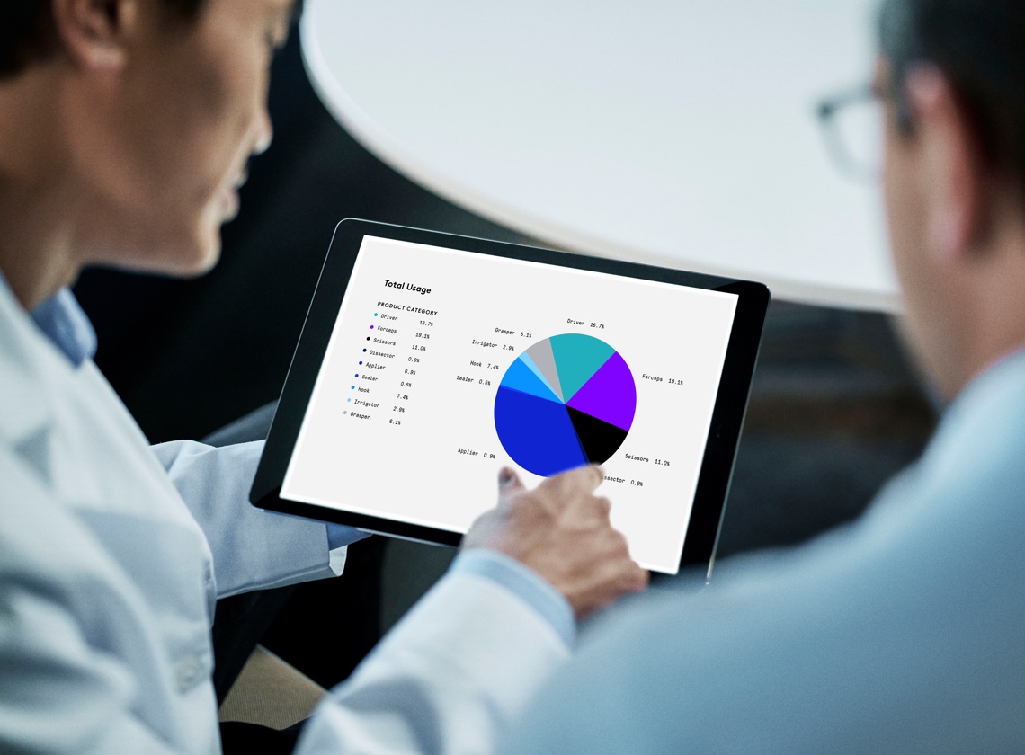 Physician viewing a pie chart on a tablet