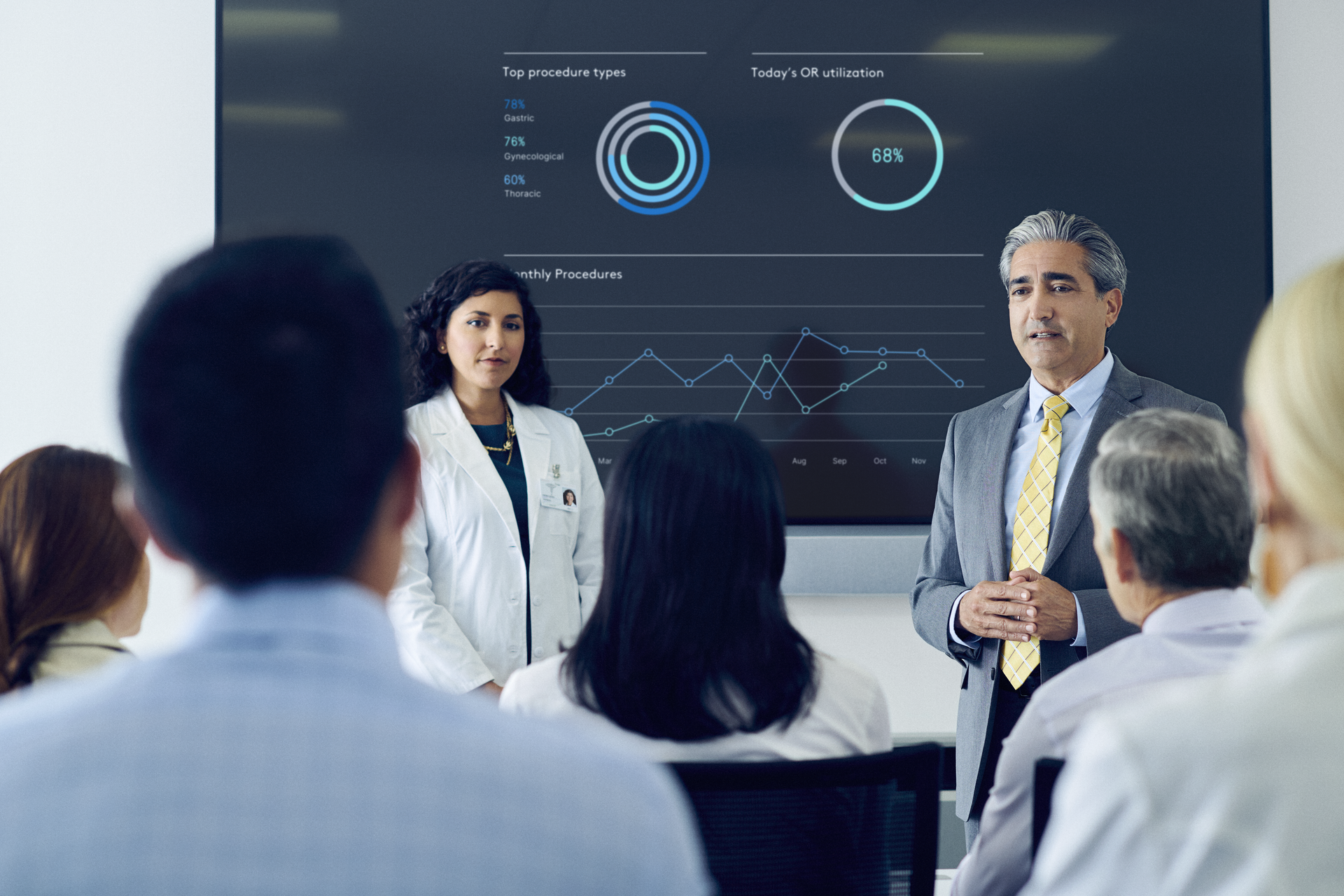 Executive and surgeon presenting to group