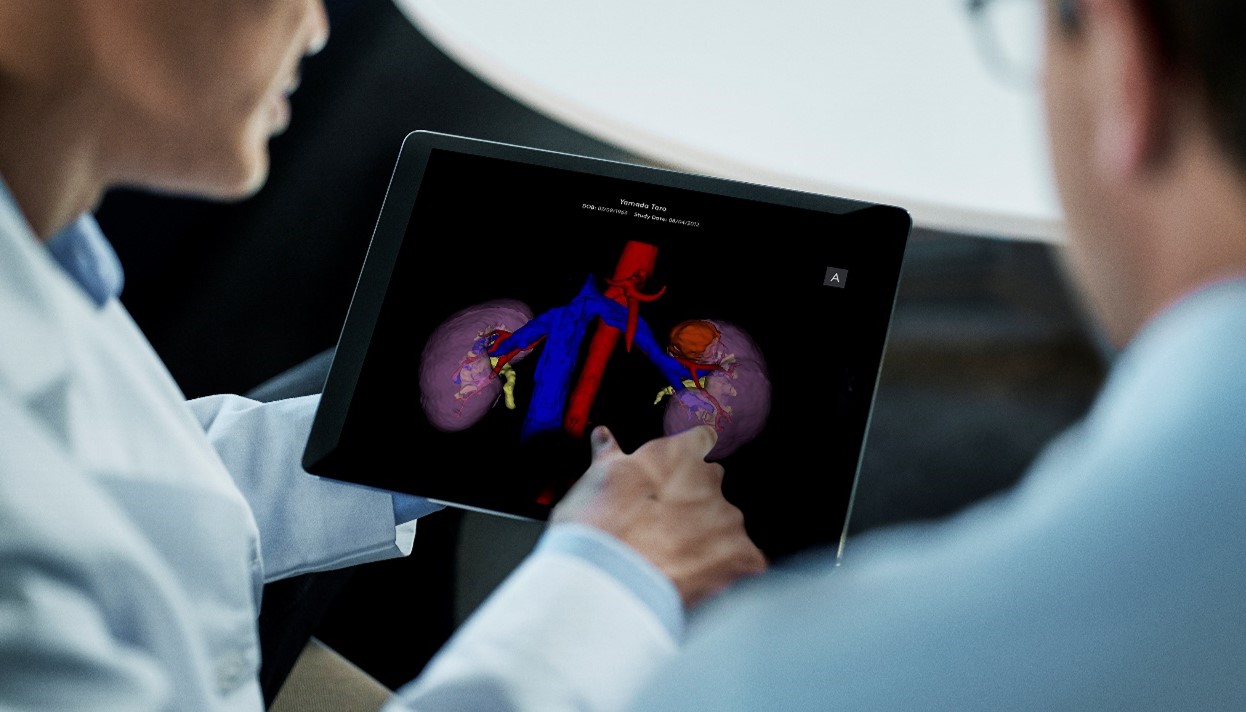 Two physicians view a digital 3D kidney model on a tablet