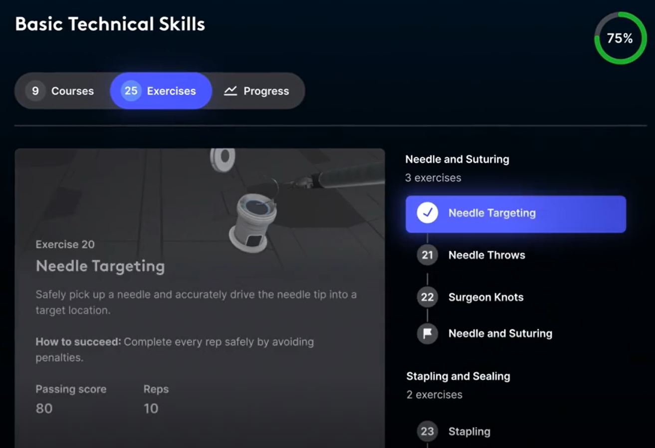 SimNow 2 screen showing self-guided exercises for needle and suturing