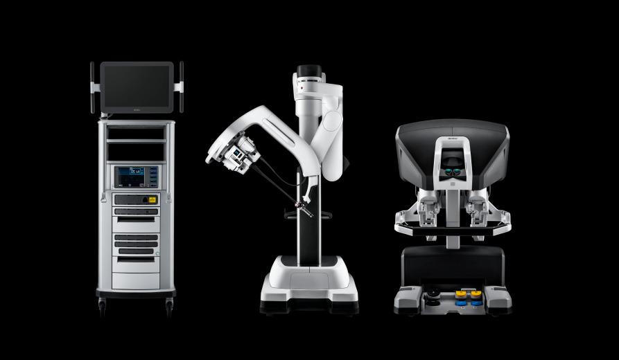 Image of the da Vinci SP vision cart, patient cart, and surgeon console