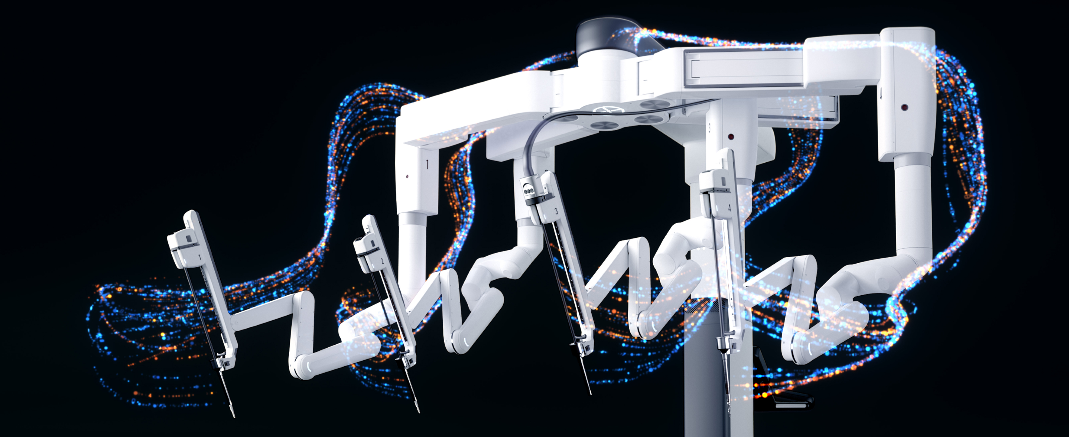 Da Vinci patient cart with arms surrounded by a graphic wave of points